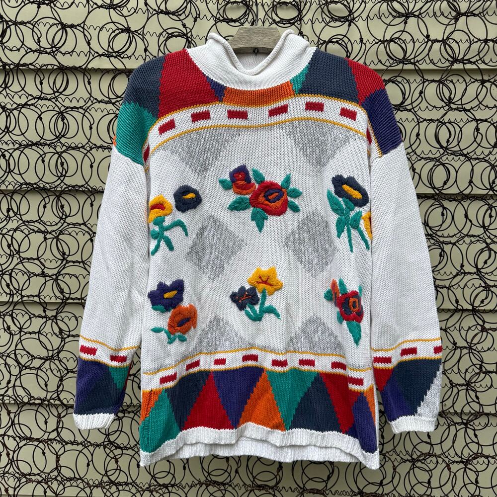 Vintage 90s AJ Brandon Floral Geometric Colorful Sweater Mock Neck MEDIUM